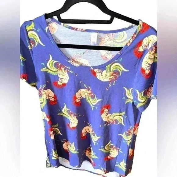 LuLaRoe Tops - Lularoe small blue Classic‎ T with roosters! NWOT. Red& green accent colors.